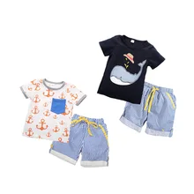 Г., костюмы для мальчиков из 2 предметов летний Повседневный пуловер с короткими рукавами и круглым вырезом рубашка с героями мультфильмов топы, Синие Клетчатые короткие штаны, От 1 до 7 лет