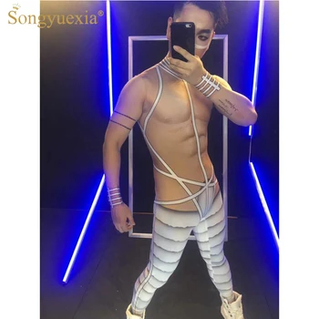 

SONGYUEXIA Sexy Men Gogo Stage Jumpsuits Perspective 3D Abdominal Muscles Set Steel Pipe Gigolo Playing Party Dance Show Pants