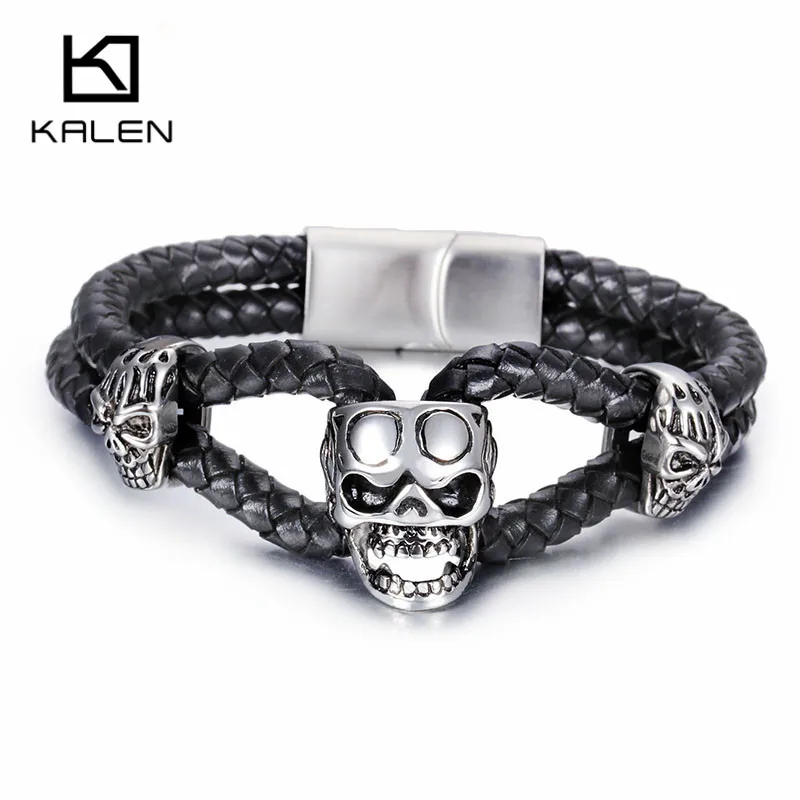 

Kalen Men's Gothic Leather Bracelet Fashion 22cm Stainless Steel Skull Head Charm Personalised Biker Bracelet Punk Accessory