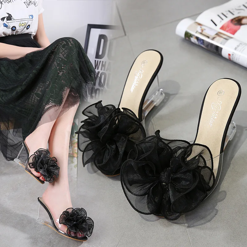 

Women Wedge Shoes Slides Summer Sandals Flower Transparent Slippers High Heels Sandals Beading Mules Shoes Beige Size 34-40 3547