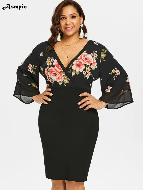 2018 Women Plus Size 5XL Bell Sleeve Low Cut Floral Dress Plunging Neck 3/4 Spring Dresses Party OL Casual Vestidos | Женская одежда