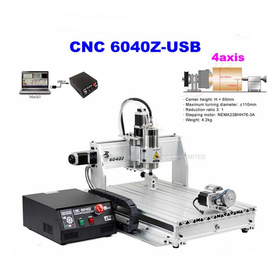 4axis CNC Router 6040Z-USB Mach3 Auto Engraving Machine With 1.5KW VFD Spindle And USB Port For Hard Metal cnc 6040z s800 router mini milling machine for metal wood polywood with usb parallel port adapter