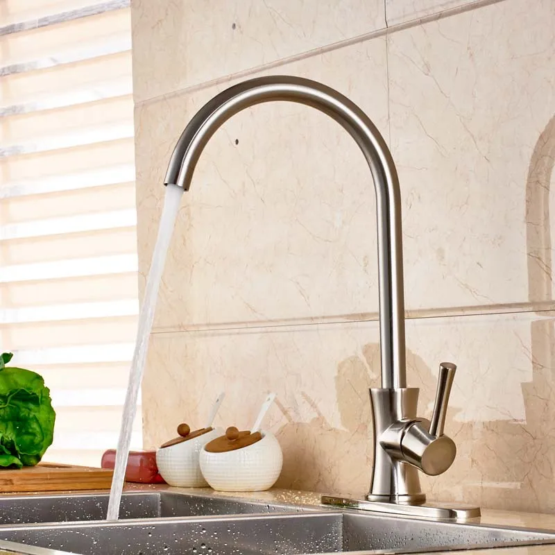 Nickel Brushed Finished Deck Mounted Kitchen Sink Faucet Single Hole