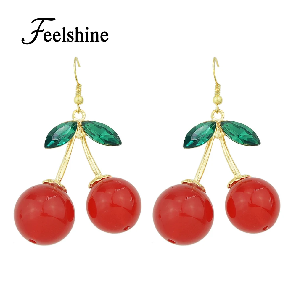 Feelshine Cute Lovely Style Earrings Jewelry Gold Color With Green Crystal Red Cherry Shape Drop