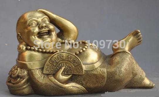 

bir 003408 8" china Buddhism copper brass sleep happy laugh Maitreya Buddha Wealth Statue