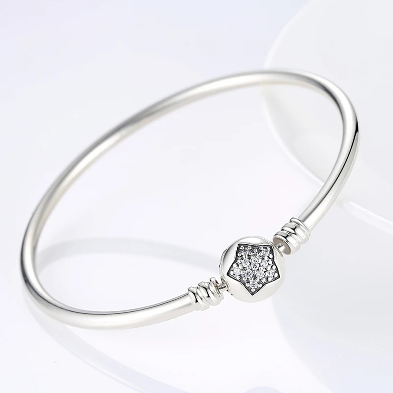 BAMOER-Authentic-100-925-Sterling-Silver-Snake-Chain-Bracelet-Bangle-Pave-Star-Cubic-Zirconia-CZ-DIY