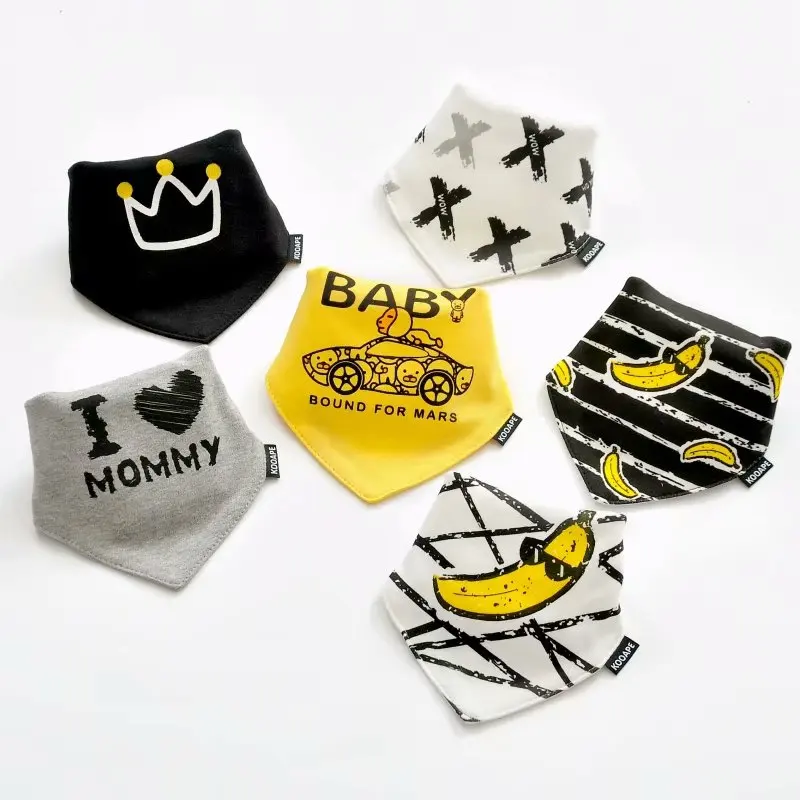 

2 Pcs Newborn Toddler Baby's Bibs Knitted Cotton Soft Thick Triangle Towel Cute Pattern Printed Odorless Absorbent Infant Bibs