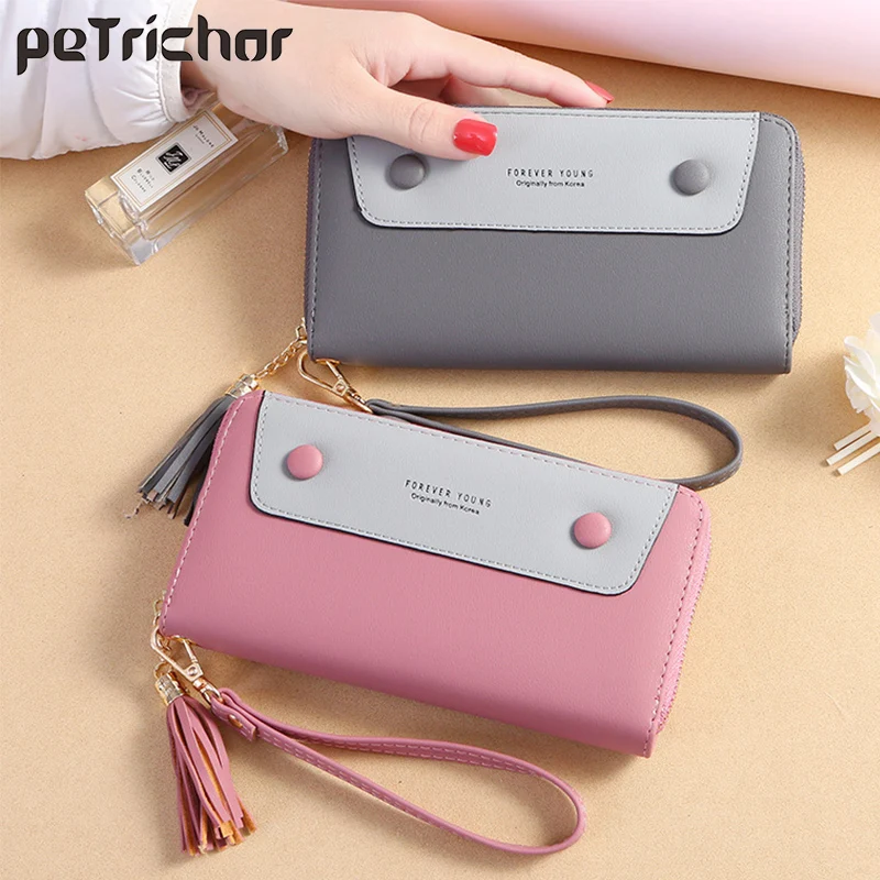 

Wristband Tassel Wallet For Women Many Departments Long Ladies Purse Card Holder Cell Phone Pocket Brand Female Panelled Wallets