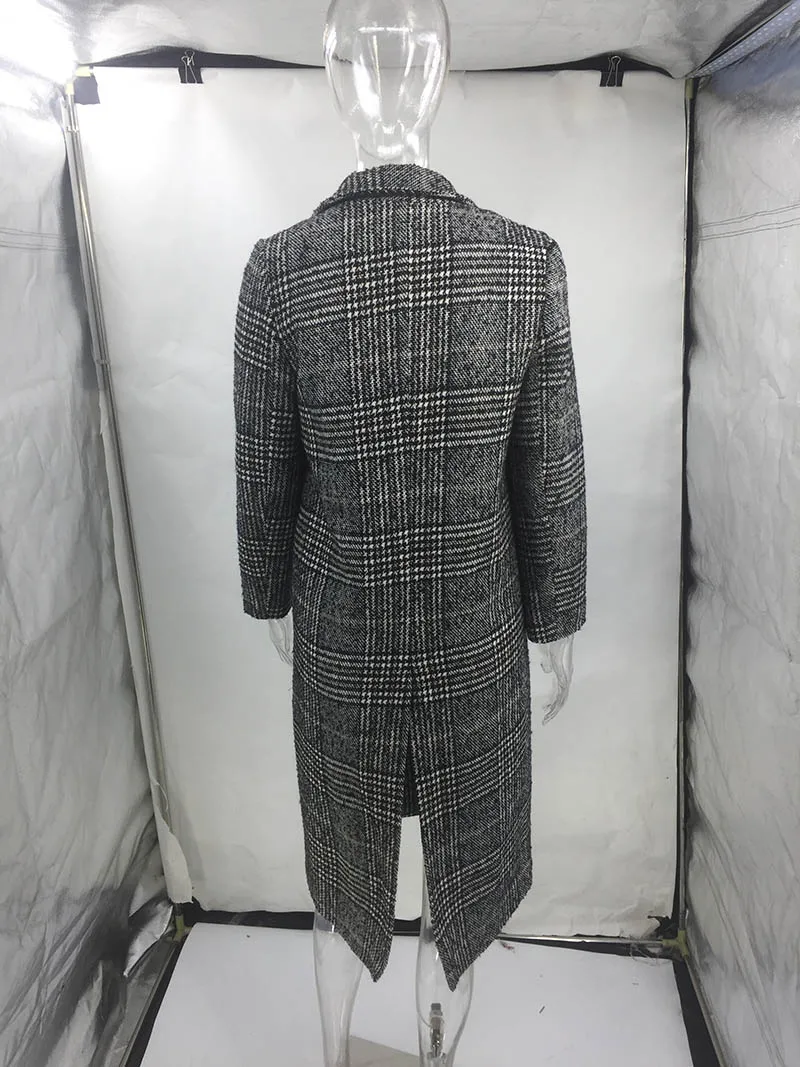 Зимнее женское Шерстяное Пальто модное длинное шерстяное пальто в клетку с одной пряжкой свободное Женское шерстяное пальто серого цвета