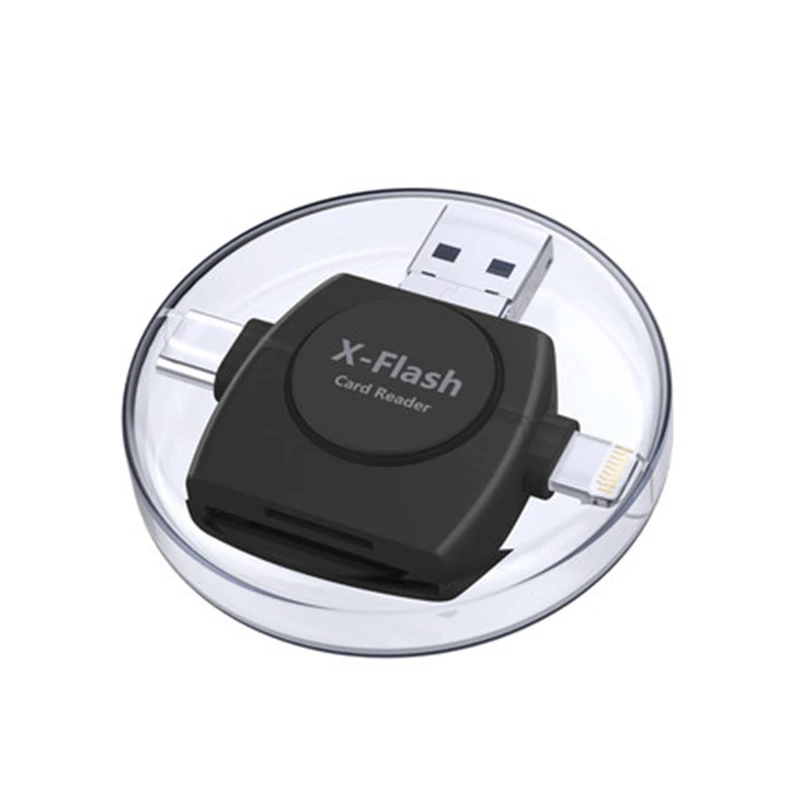 Kismo 4-в-1 Тип C Micro-USB Lightning для чтения карт TF/SD кард-ридер адаптер для iphone 7 8 X samsung S8 S9 Note 8 Android - Цвет: Черный