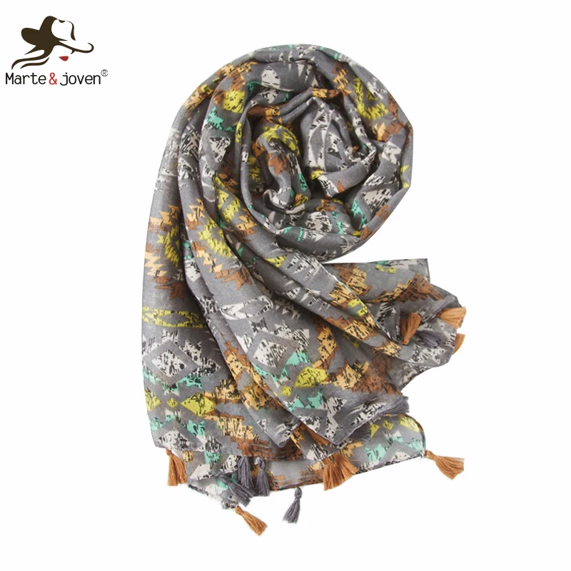 

Marte&Joven Colorful Printed Spring Autumn Gray Womens Scarf Fashionable Simple Geometric Pattern Ladies Pashmina Wrap Hijab
