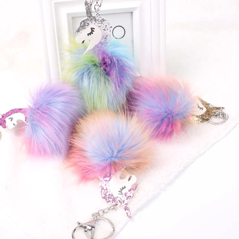 

Cartoon Anime Colorful Glitter Unicorn With Fluffy Pom Pom Plush Soft Toys Mini Dolls For Girls Bag Decor Pendan Keychain