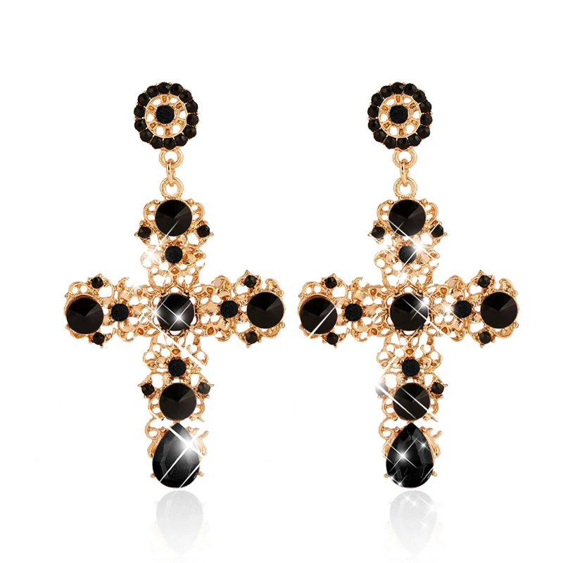 

Elegant Cross Boho Women Lady Rhinestone Dangle Drop Rhinestone Ear Stud Earring Alloy&Rhinestone 8cm*4.6cm Black Red Sky Blue