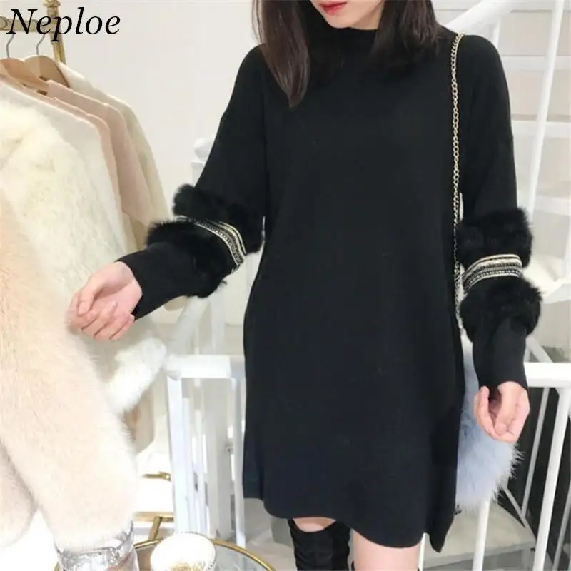 

Neploe Rabbit Fur Patchwork Sweater Dress Long Sleeve Rivet Knitted Pullover Half Turtleneck Jumper Tops Vestidos Femme 37228