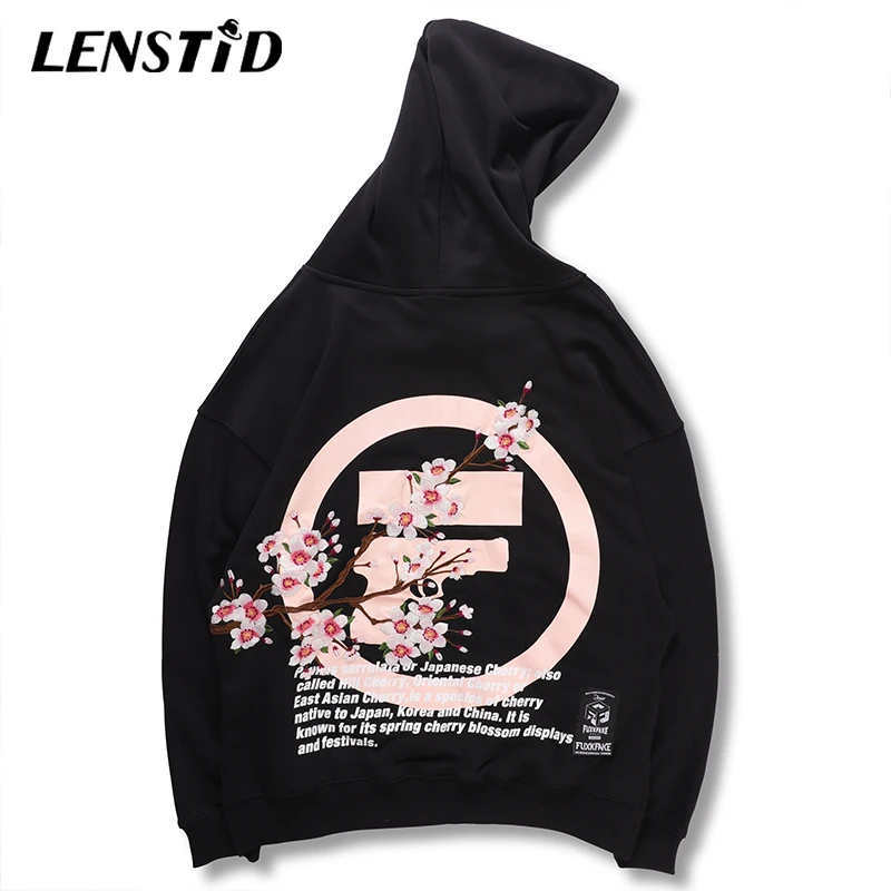 

LENSTID Autumn Mens Hip Hop Embroidery Sakura Pullover Hoodies Japanese Streetwear Cotton Harajuku Sweatshirts Brand Clothing
