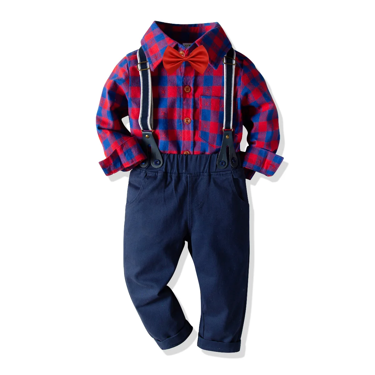 

HI&JUBER Gentleman Costume Baby Boys Clothes Cotton Red Plaid T-shirt Tops+Overalls Suspender Trouser 2Pcs Spring Autumn Suit
