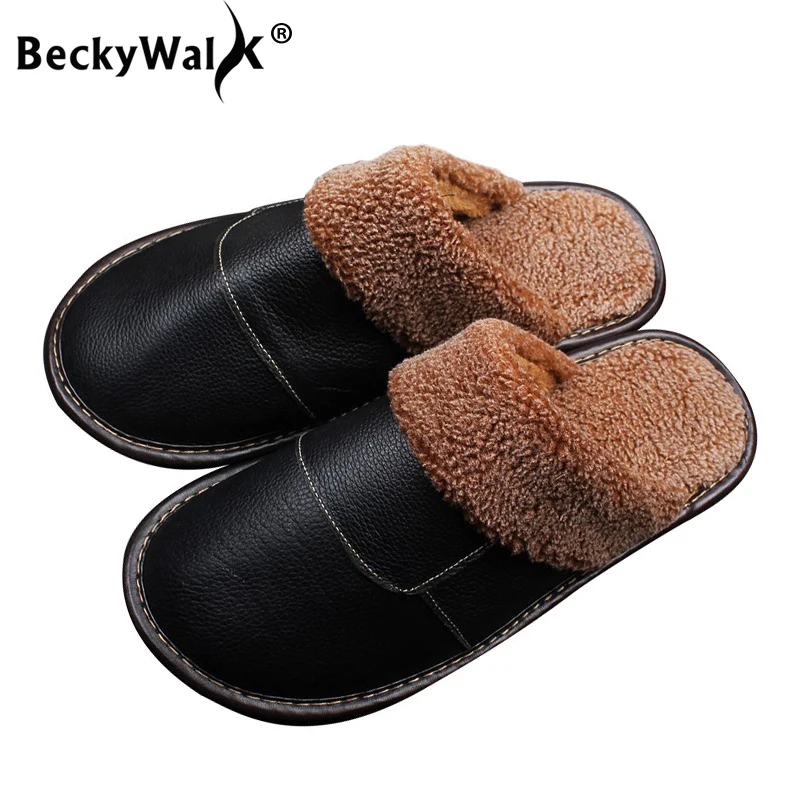 Тапочки BeckyWalk из воловьей кожи домашняя зимняя женская обувь теплые Нескользящие