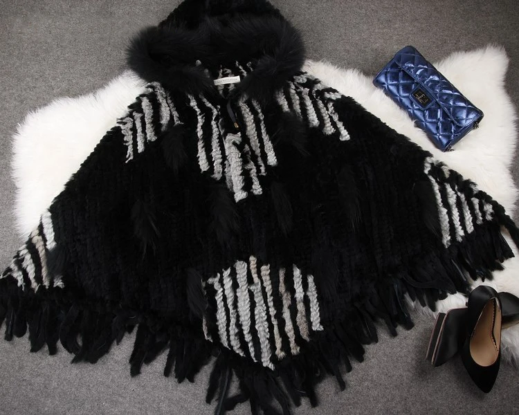 Flash Deal 2014  Real Rabbit Fur Knitted Shawl With Hood  Raccoon Fur Poncho Fur Cape  BE1438 EMS Free Shipping 0