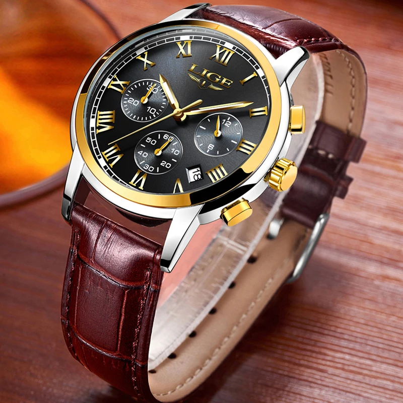LIGE Casual Leather Watchband Mens Watches Top Brand Luxury Men's Fashion Waterproof Quartz Gold Watch For Men Relogio Masculino