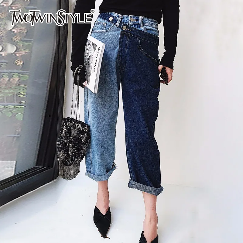  TWOTWINSTYLE Patchwork Jeans For Women High Waist Irregular Large Size Summer Denim Long Trousers 2