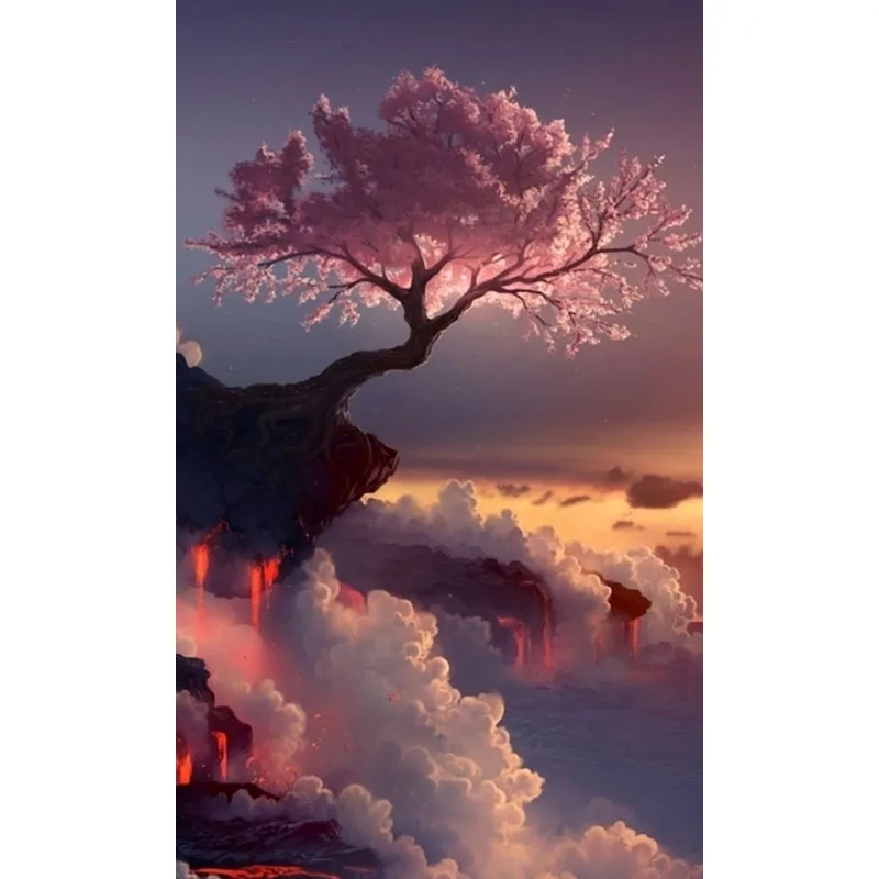

32*42 Sakura Diamond Embroidery cherry On Volcano Picture rhinestone Embroidery Crystal Diamond Mosaic 5D Diamond Painting kit