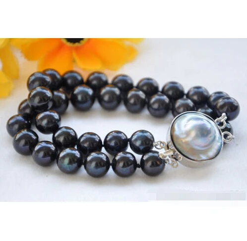

Free shipping@@@@@ 2ROW 8" 12mm ROUND BLACK FRESHWATER PEARL BRACELET MABE