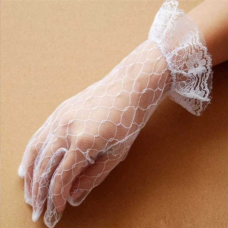 

White Bridal Wedding Short Gloves Full Fingered Transparent Rhombic Gauze Ruffle Lace Trim Wrist Length Mittens Party Accessorie