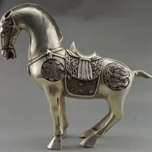 Год! лучший подарок! Коллекционируемая декорированная старинной ручной росписью тибетская серебряная статуя большой зодиакальной лошади с гравировкой