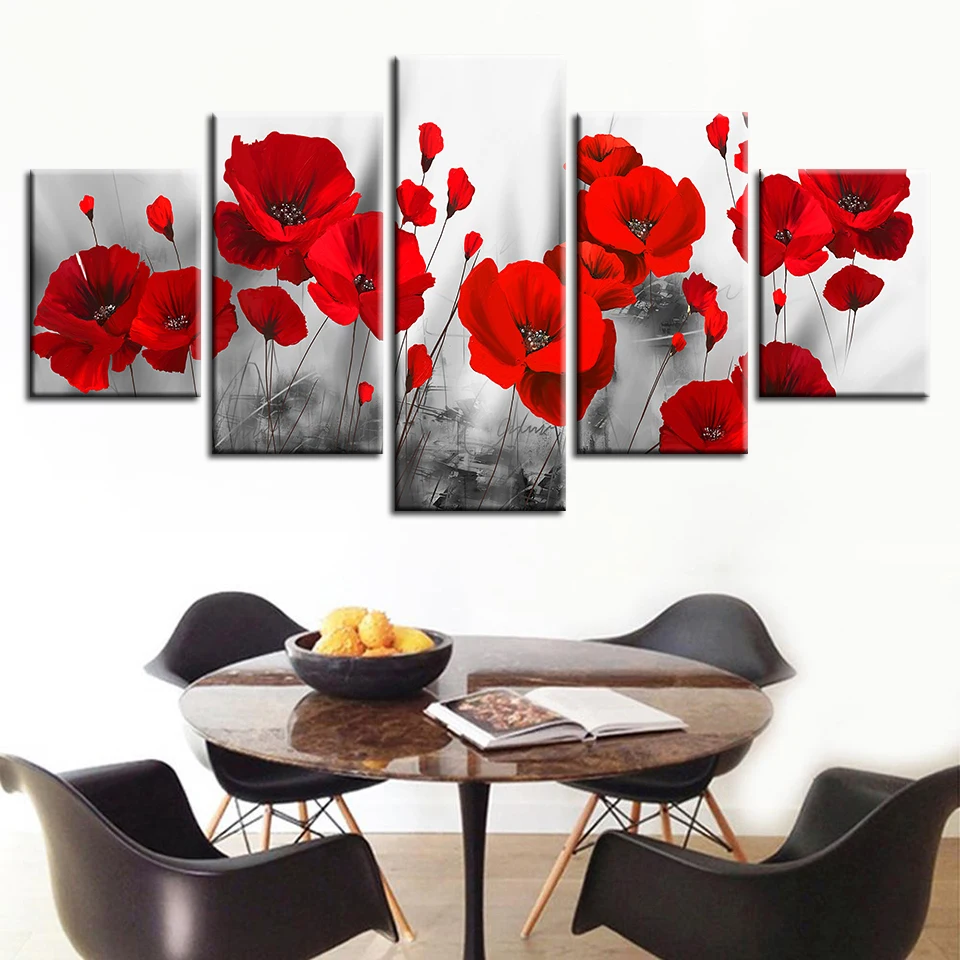 

Canvas Prints Pictures Living Room Wall Art 5 Pieces Romantic Poppies Painting Home Decor Modular Beautiful Floral Poster Framed