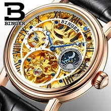Reloj Mecánico genuino suizo BINGER hombre esqueleto zafiro de lujo auto-viento automático de acero Tourbillon hueco impermeable(China)