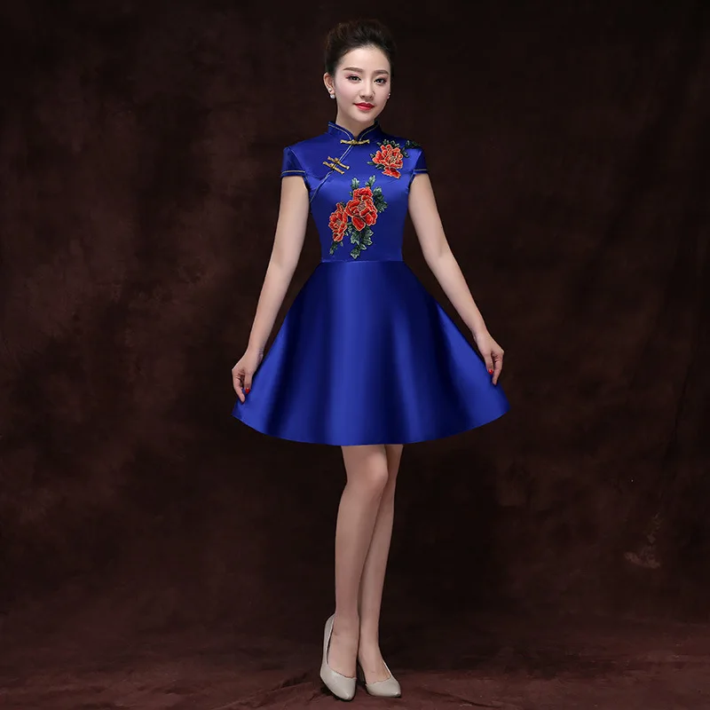 Современное китайское традиционное свадебное короткое платье-Ципао, Восточное вечернее платье, винтажное женское платье с вышивкой из золотой парчи - Цвет: blue