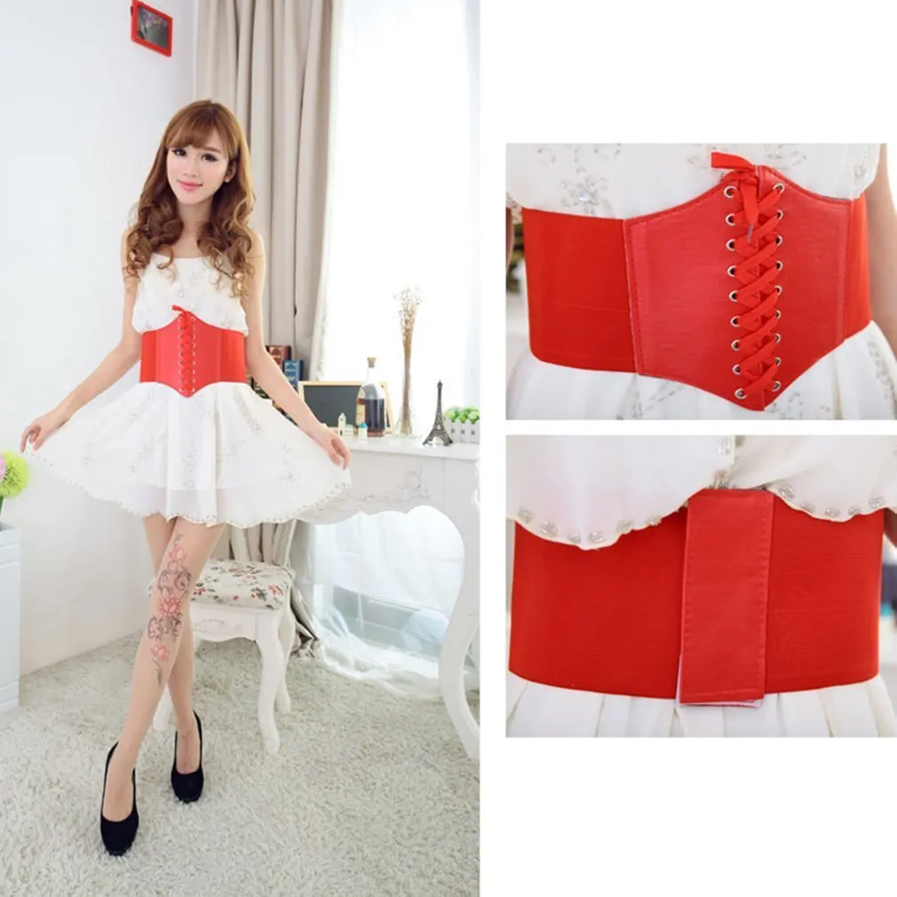Women Vintage Solid Belt Waist Cincher Lace Up Corset Bandage High