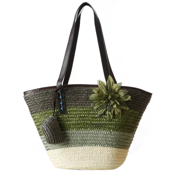 

Knitted Straw bag Summer flower Bohemian fashion women's handbags color stripes shoulder bags beach bag big tote bags