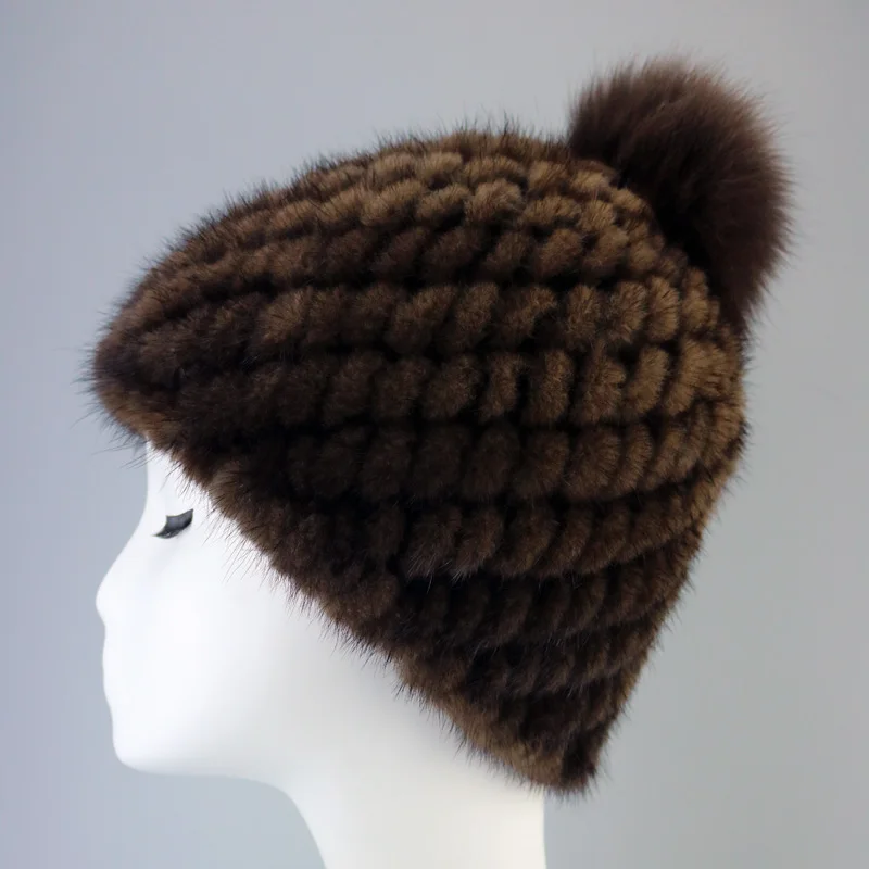 MPPM Russian Real mink fur hat for women winter knitted mink fur beanie cap fox fur pom pom hat new thick female cap 5