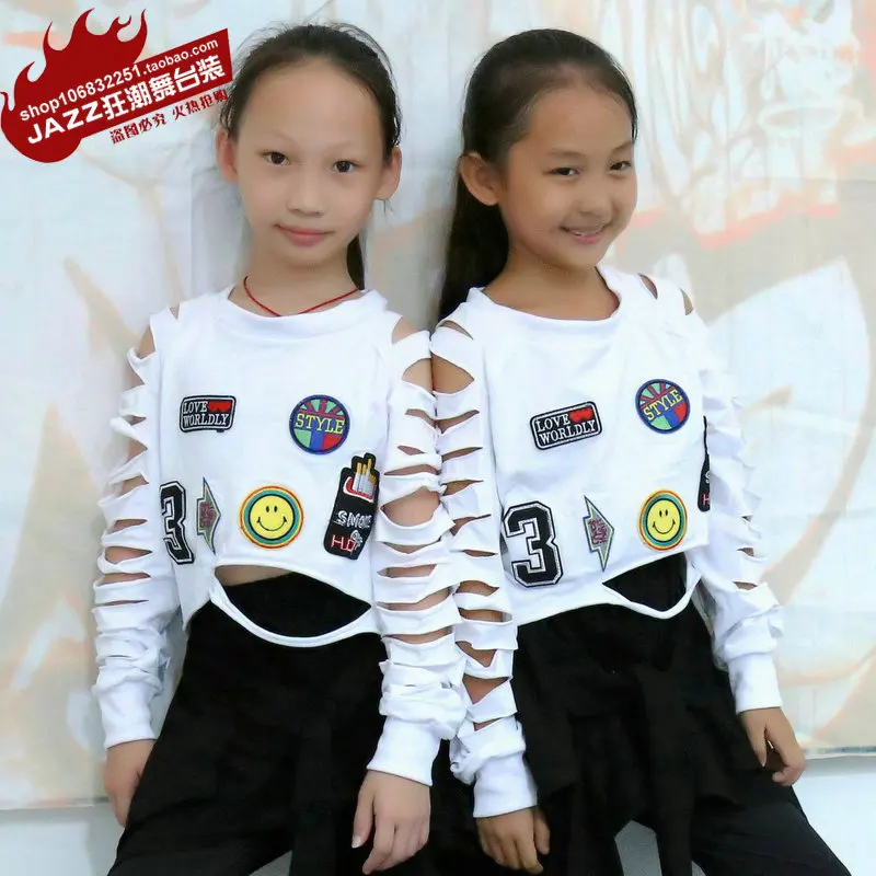 

New Fashion spring autumn Children's dance hip hop top girls Jazz brand costume loose performance wear hollow out sexy t-shirt