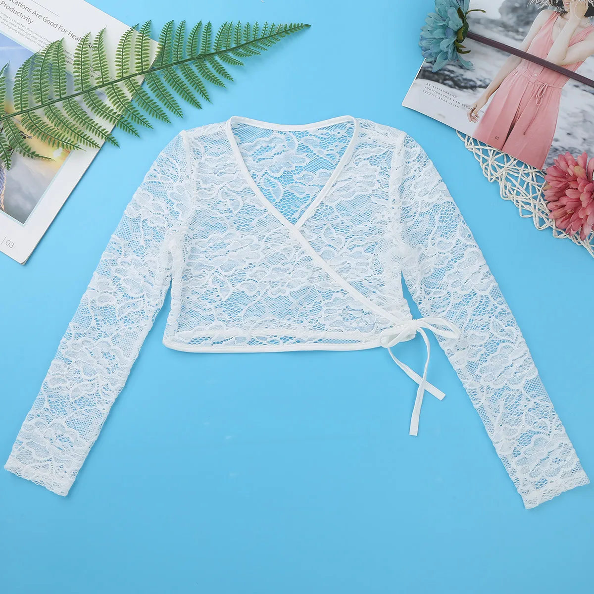 Kids Girls Spring Coats Floral Lace Long Sleeve V-neckline Wrap Top Ballet Dance Sweater Leotards Children's Clothing | Детская