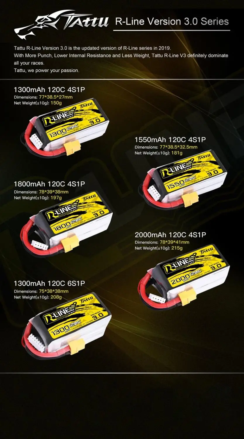 TATTU R-Line версия 3,0 V3 4S 6S 1300/1550/1800 mAh 120C 2000 V Lipo батарея с XT60 разъем для FPV гоночный Дрон Квадрокоптер