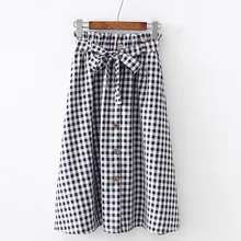 Harajuku Для женщин лук Свободная юбка средней длины пояс для похудения клетчатая юбка в складку модная юбка с высокой талией на пуговицах женские юбки в стиле casual