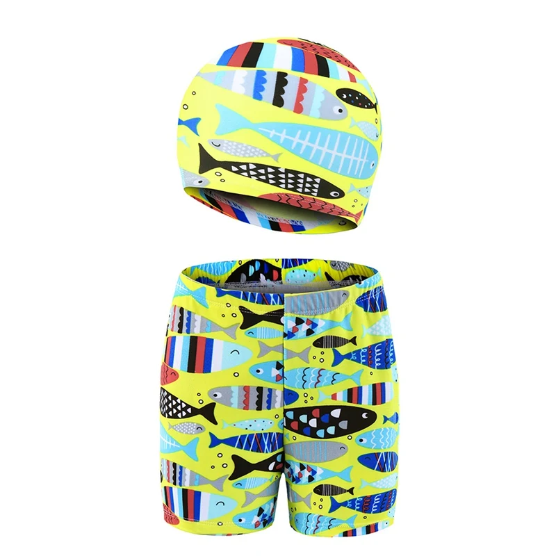 

Swimming Beach Shorts with Cap Kit Children Boy Cartoon Animal Printed Trunks Hat Kids Sportswear Accessories for 3-11Y