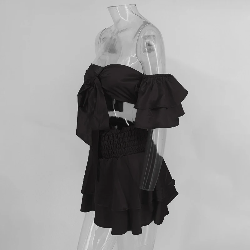 DRESSMECB элегантное праздничное платье с открытыми плечами Flare рукавом Вышивка плиссированные летние платья Для женщин короткие Повседневное Vestidos