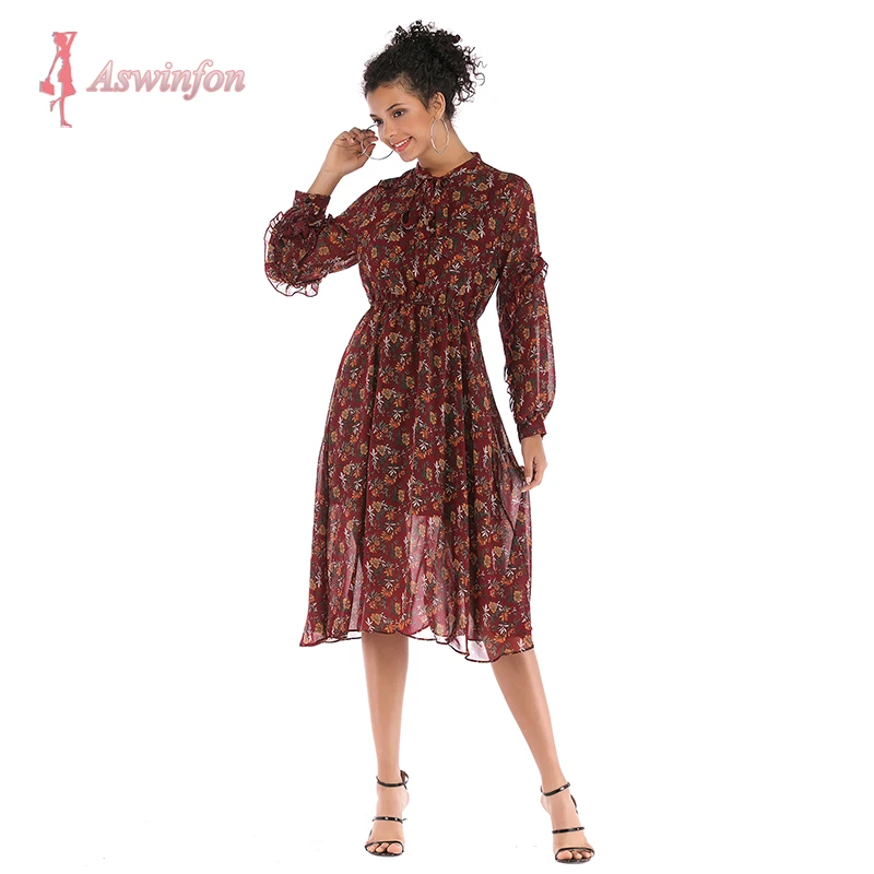 Aswinfon Chiffon A gefüttert Midi Kleid Langarm Floral Print Kleid mit  Flüssigkeit Rand Herbst Kleider|Dresses| - AliExpress