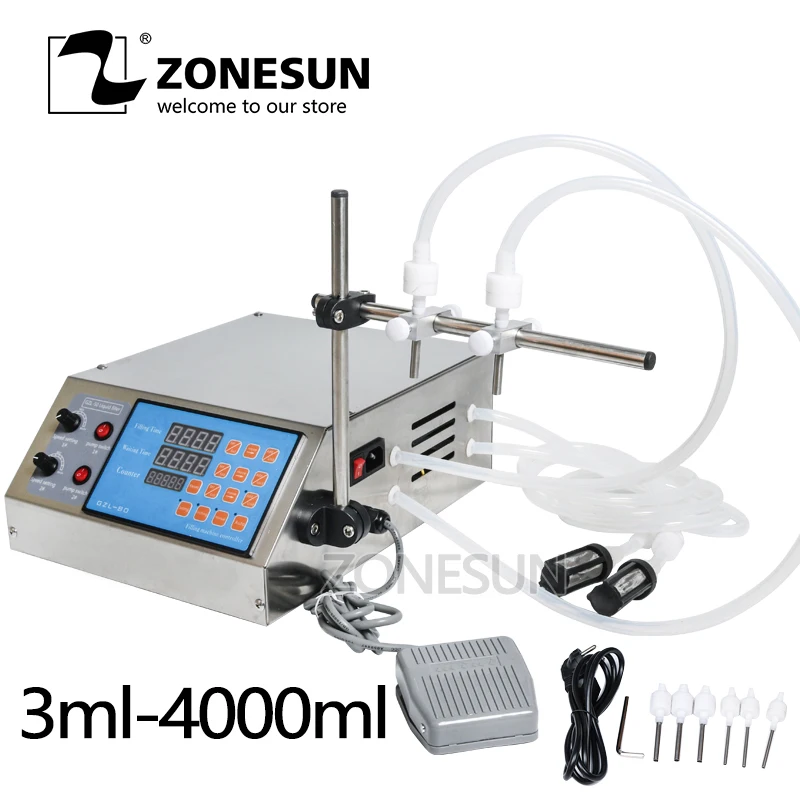 

ZONESUN Electric Digital Control Pump Liquid Filling Machine 0.5-4000ml for Liquid Perfume Water Juice Essential Oil With 2 Head