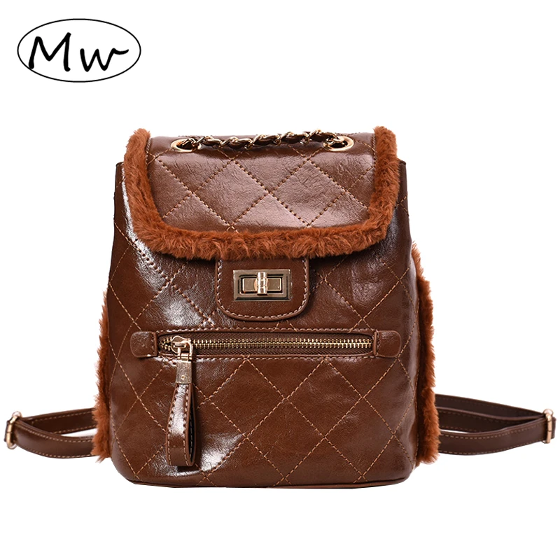 

Small Backpack Female 2019 Fashion Buckle Chain Diamond Lattice Backpack Oil Wax Leather Fur Lingge Small Fragrance Backpack