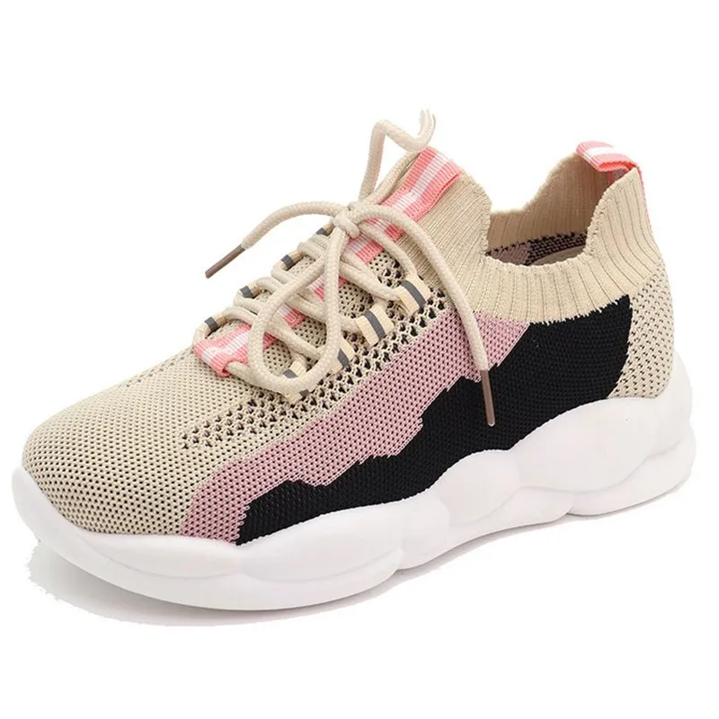 Pink Женские кроссовки из сетчатой ткани; коллекция года; сезон весна-осень; обувь на платформе; Разноцветные туфли на плоской подошве со шнуровкой; эластичная дышащая женская обувь - Цвет: Pink