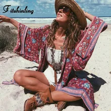 Fitshinling Ethnic bohemian beach kimono swimwear holiday cover-up print floral long cardigan vintage summer sexy cover swimwear