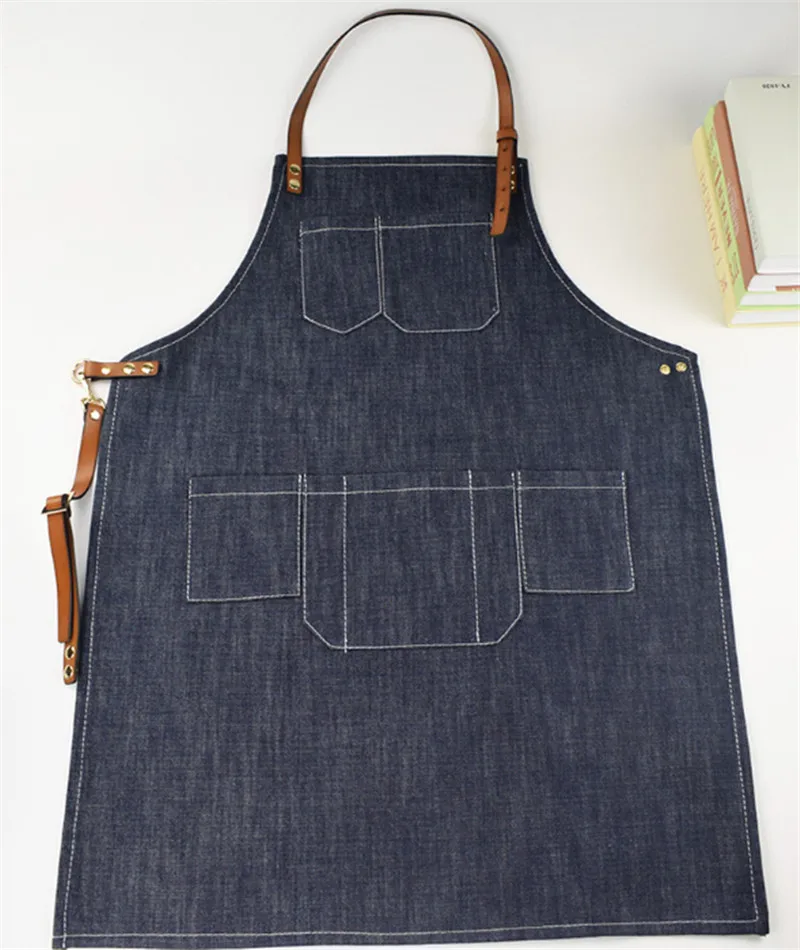

Denim Kitchen Cooking Apron with Adjustable Cotton Strap Large Pockets Blue Barista Men and Women Homewear