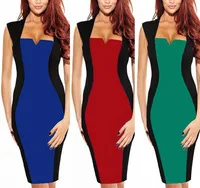 Free Shipping Womens\' Summer Fashion Square Collar Patchwork Slimming Stretch Zipper Back Knee-Length Party Cocktail Dress S-XL