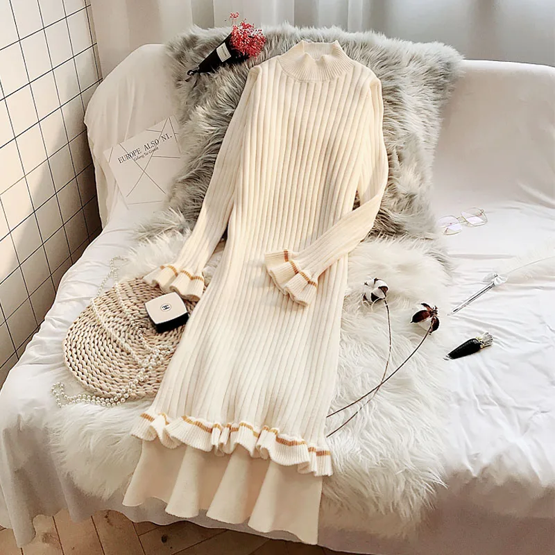 

New Spring Autumn Fashion Medium-long Women Pullovers Sweaters Solid Color O Neck Ruffles Slim Long Sleeve Knitted Sweaters