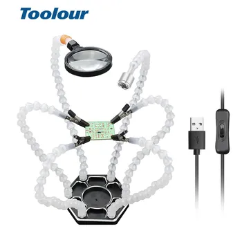 

Toolour Soldering Station Soldering Iron Holder with 3X-5X Magnifier USB LED Light 6pcs Flexible Arms Third Helping Hands Tool
