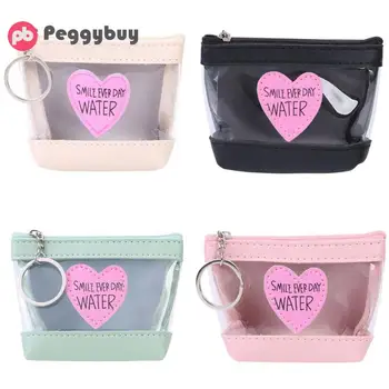 

Girls Fashion PU Leather Short Transparent Jelly Zipper Clutch Women Female Money Small Coin Purse Clear Heart Decor PVC Wallets